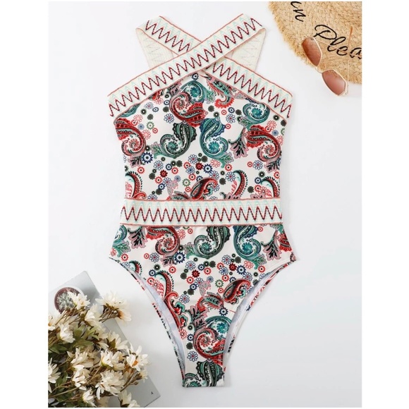 Boho Paisley Floral Print One Piece Monokini Swim Beach - Picture 2 of 6